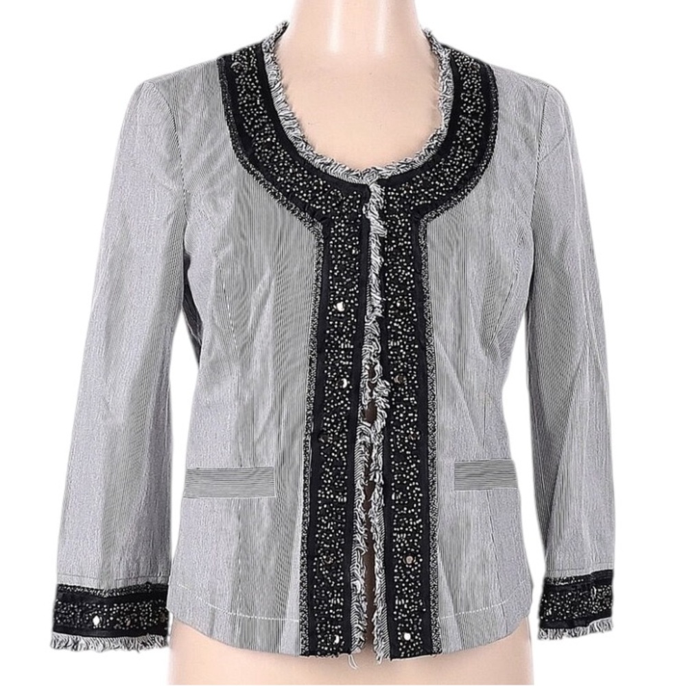 INC International Concepts size XL black & white pinstripe jacket beaded trim